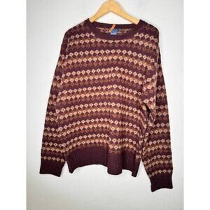 Faconnable Vintage Fairisle 100% Lambwool Goatskin Leather Elow Patch Size Large